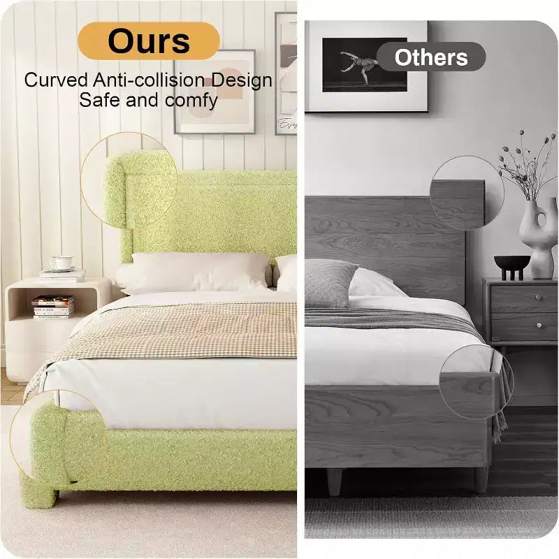 Base de cama Dyonery Boucle, base de cama de tela de peluche tapizada en negro con cabecero, no requiere somier, cabecero ajustable, fácil montaje