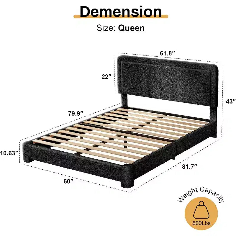 Base de cama Dyonery Boucle, base de cama de tela de peluche tapizada en negro con cabecero, no requiere somier, cabecero ajustable, fácil montaje