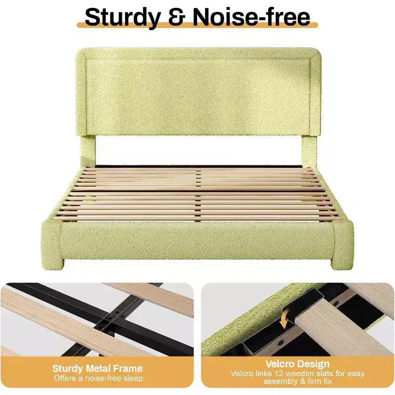 Base de cama Dyonery Boucle, base de cama de tela de peluche tapizada en negro con cabecero, no requiere somier, cabecero ajustable, fácil montaje