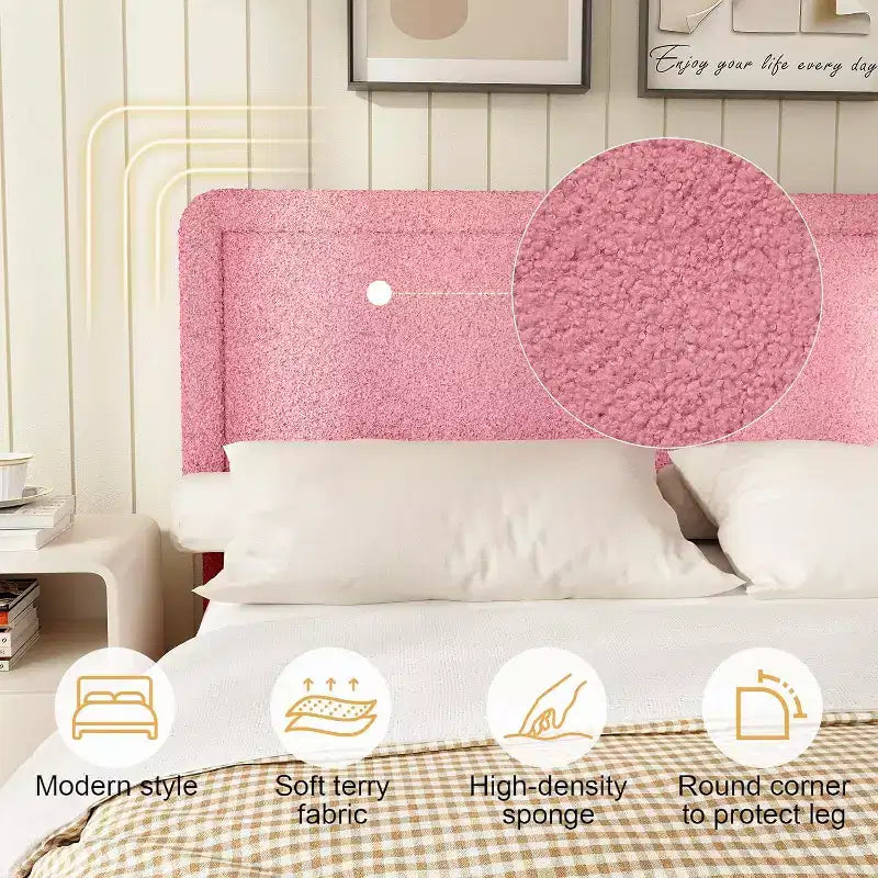 Base de cama Dyonery Boucle, base de cama de tela de peluche tapizada en negro con cabecero, no requiere somier, cabecero ajustable, fácil montaje