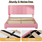 Base de cama Dyonery Boucle, base de cama de tela de peluche tapizada en negro con cabecero, no requiere somier, cabecero ajustable, fácil montaje
