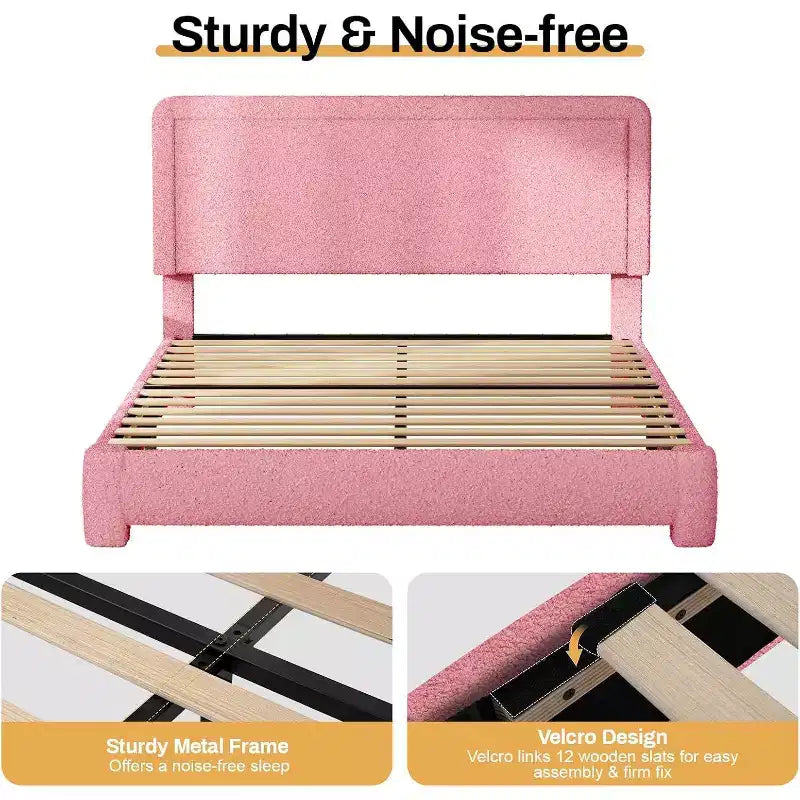 Base de cama Dyonery Boucle, base de cama de tela de peluche tapizada en negro con cabecero, no requiere somier, cabecero ajustable, fácil montaje