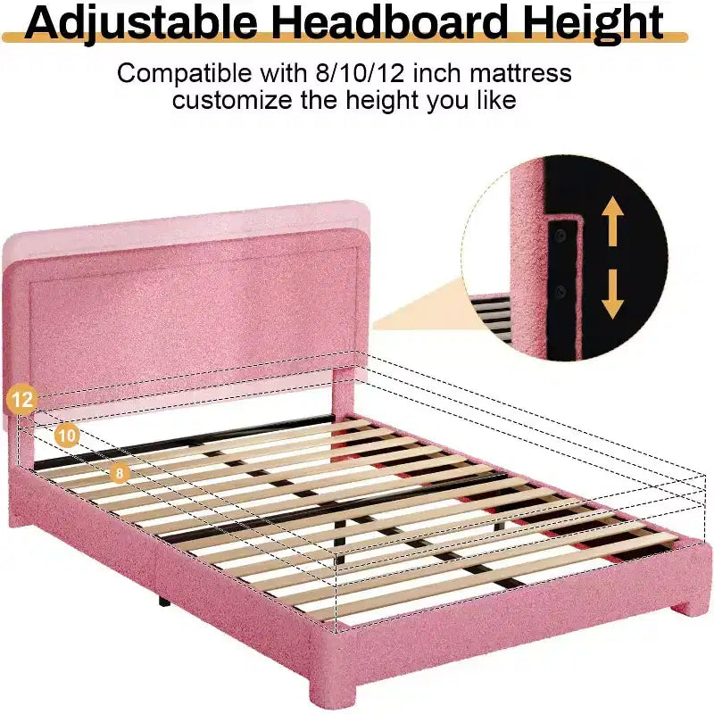 Base de cama Dyonery Boucle, base de cama de tela de peluche tapizada en negro con cabecero, no requiere somier, cabecero ajustable, fácil montaje