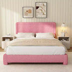 Base de cama Dyonery Boucle, base de cama de tela de peluche tapizada en negro con cabecero, no requiere somier, cabecero ajustable, fácil montaje
