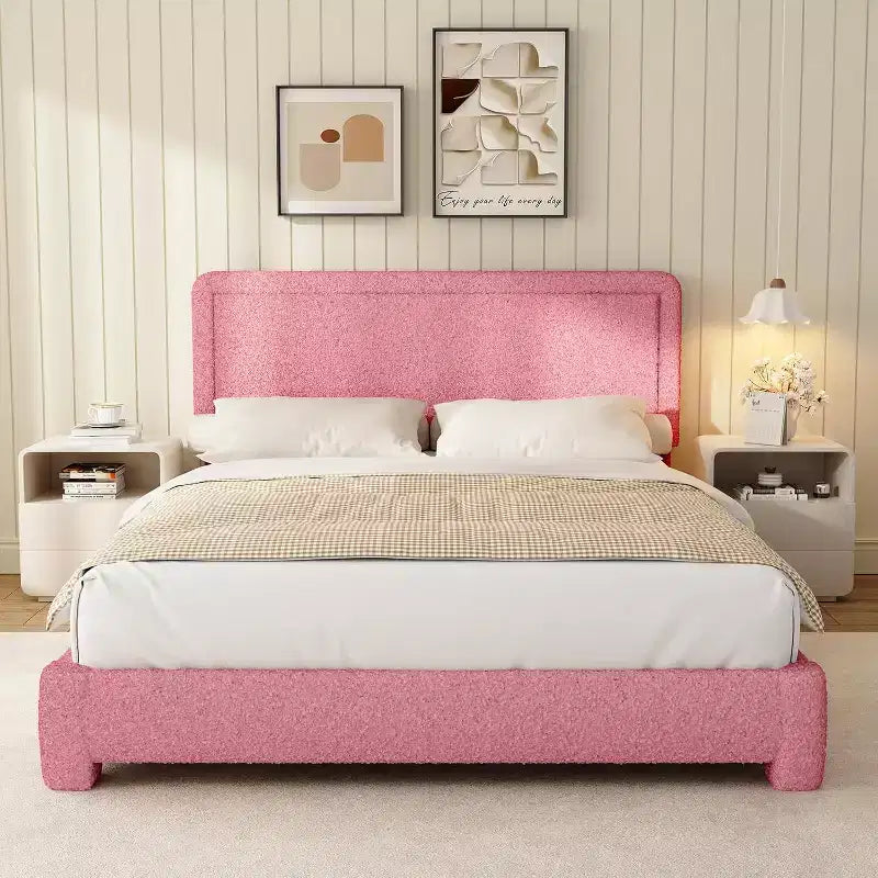 Base de cama Dyonery Boucle, base de cama de tela de peluche tapizada en negro con cabecero, no requiere somier, cabecero ajustable, fácil montaje
