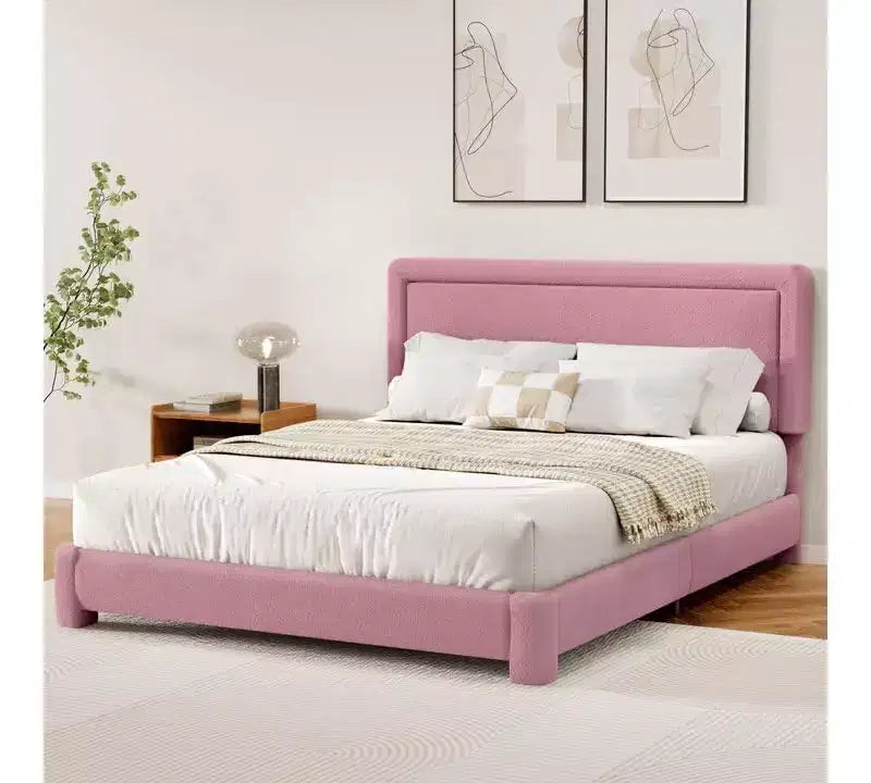 Base de cama Dyonery Boucle, base de cama de tela de peluche tapizada en negro con cabecero, no requiere somier, cabecero ajustable, fácil montaje