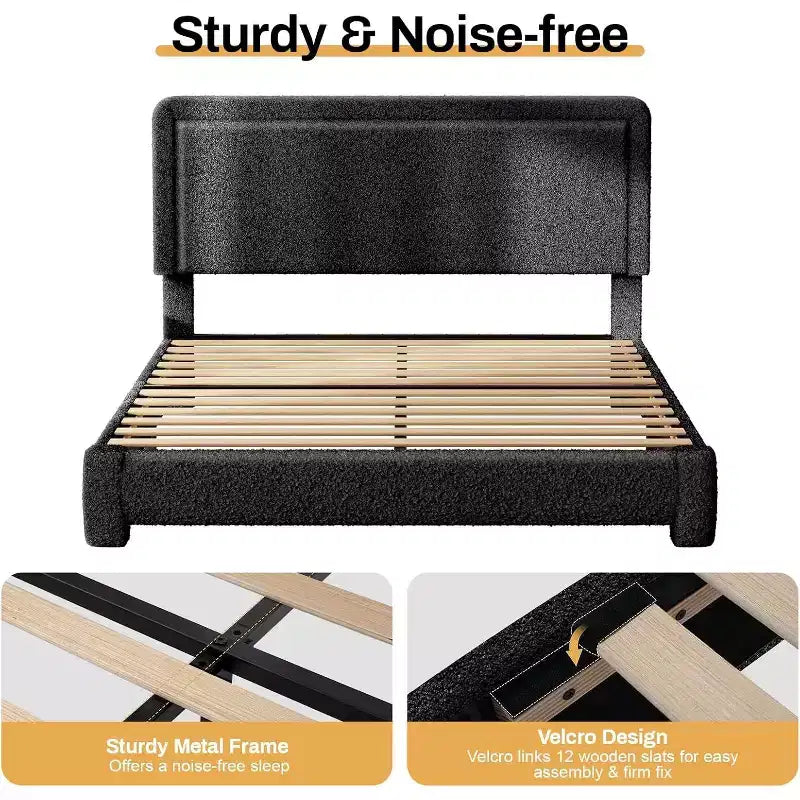 Base de cama Dyonery Boucle, base de cama de tela de peluche tapizada en negro con cabecero, no requiere somier, cabecero ajustable, fácil montaje