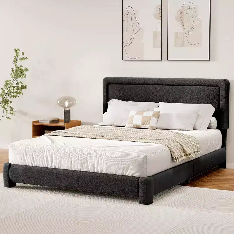 Base de cama Dyonery Boucle, base de cama de tela de peluche tapizada en negro con cabecero, no requiere somier, cabecero ajustable, fácil montaje