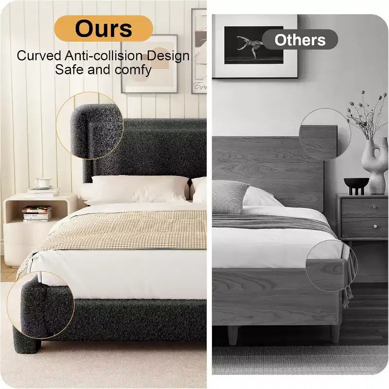 Base de cama Dyonery Boucle, base de cama de tela de peluche tapizada en negro con cabecero, no requiere somier, cabecero ajustable, fácil montaje