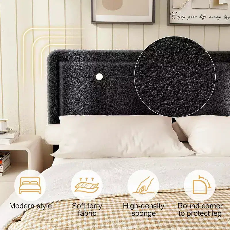 Base de cama Dyonery Boucle, base de cama de tela de peluche tapizada en negro con cabecero, no requiere somier, cabecero ajustable, fácil montaje