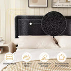 Base de cama Dyonery Boucle, base de cama de tela de peluche tapizada en negro con cabecero, no requiere somier, cabecero ajustable, fácil montaje
