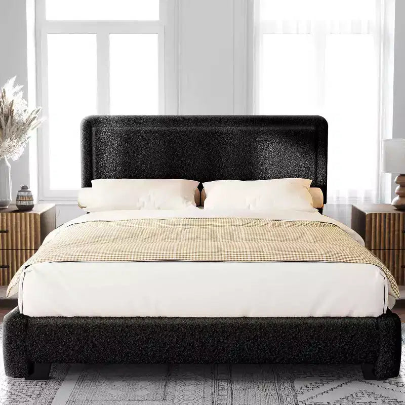 Dyonery Boucle Bed Frame,Black Upholstered Teddy Fabric Bed Frame with Headboard,No Box Spring Required, Adjustable Headboard, Easy Assembly