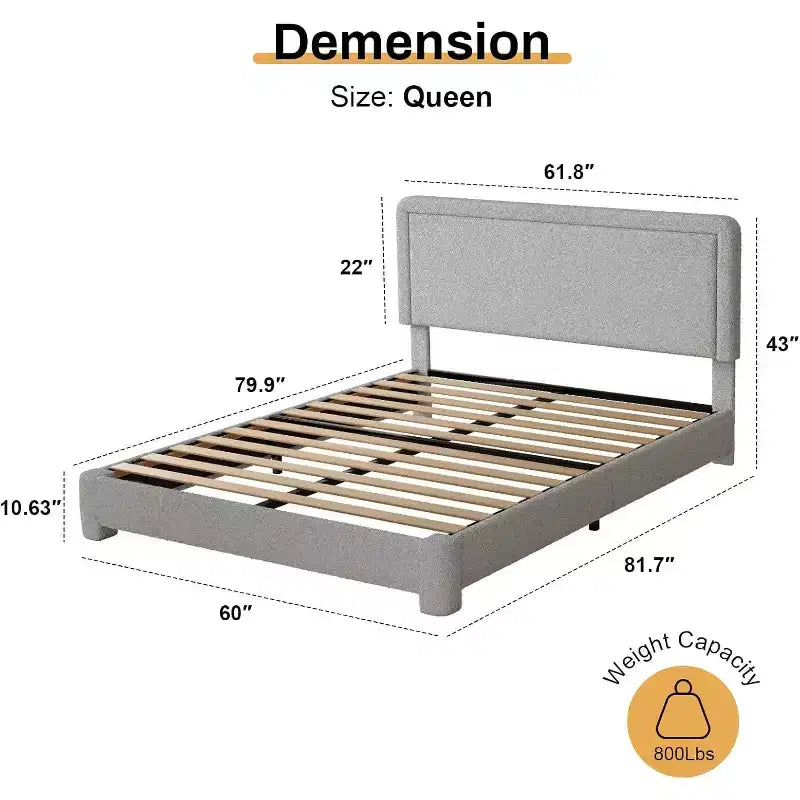 Base de cama Dyonery Boucle, base de cama de tela de peluche tapizada en negro con cabecero, no requiere somier, cabecero ajustable, fácil montaje