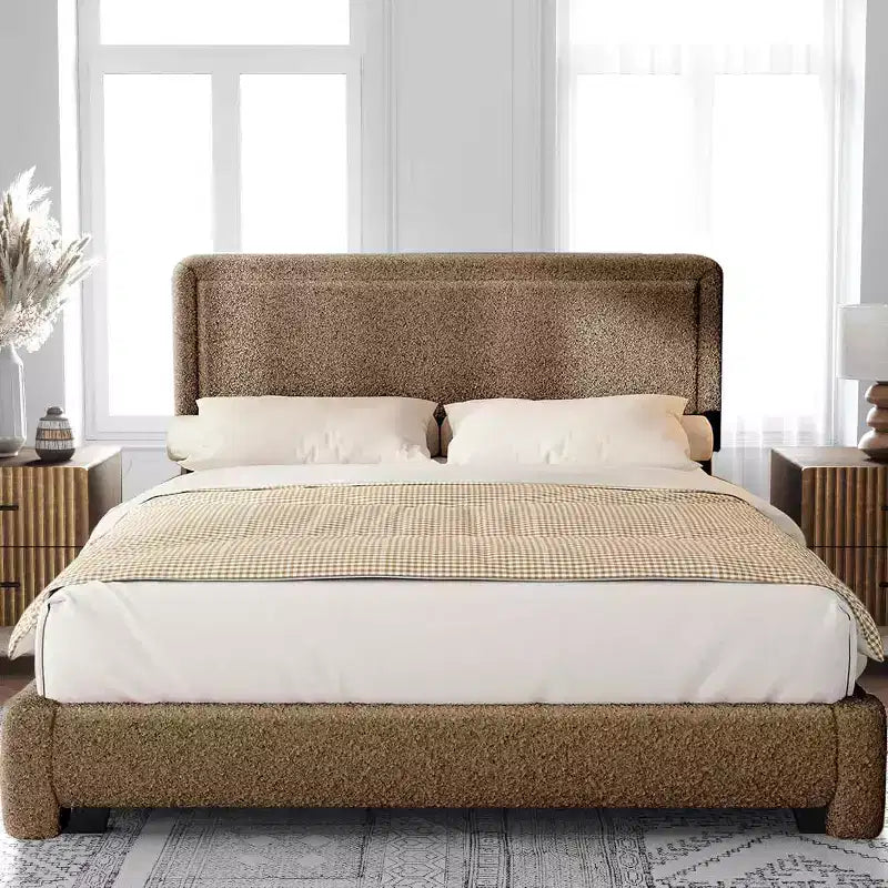 Base de cama Dyonery Boucle, base de cama de tela de peluche tapizada en negro con cabecero, no requiere somier, cabecero ajustable, fácil montaje