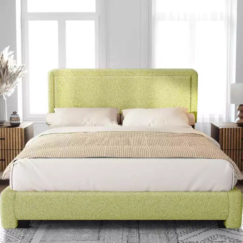 Base de cama Dyonery Boucle, base de cama de tela de peluche tapizada en negro con cabecero, no requiere somier, cabecero ajustable, fácil montaje