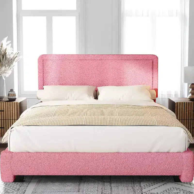 Base de cama Dyonery Boucle, base de cama de tela de peluche tapizada en negro con cabecero, no requiere somier, cabecero ajustable, fácil montaje