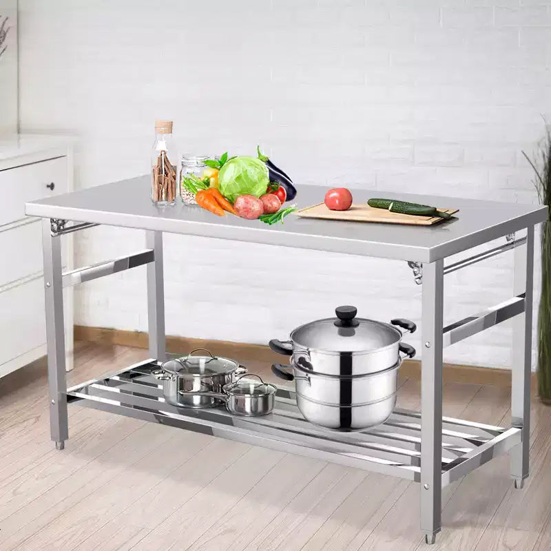 Stainless Steel Work Table for Commercial Kitchen - Foldable Prep Table with Adjustable Shelf, Food Grade Metal Workbench for Restaurant, Home