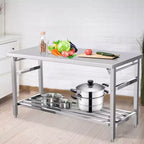 Stainless Steel Work Table for Commercial Kitchen - Foldable Prep Table with Adjustable Shelf, Food Grade Metal Workbench for Restaurant, Home