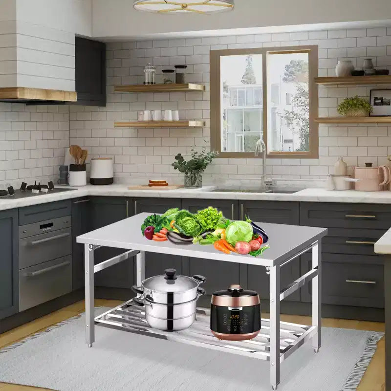 Mesa de Trabajo de Acero Inoxidable para Cocina Comercial - Mesa Plegable para Preparación con Estante Ajustable, Banco de Trabajo de Metal Grado Alimenticio para Restaurante, Hogar