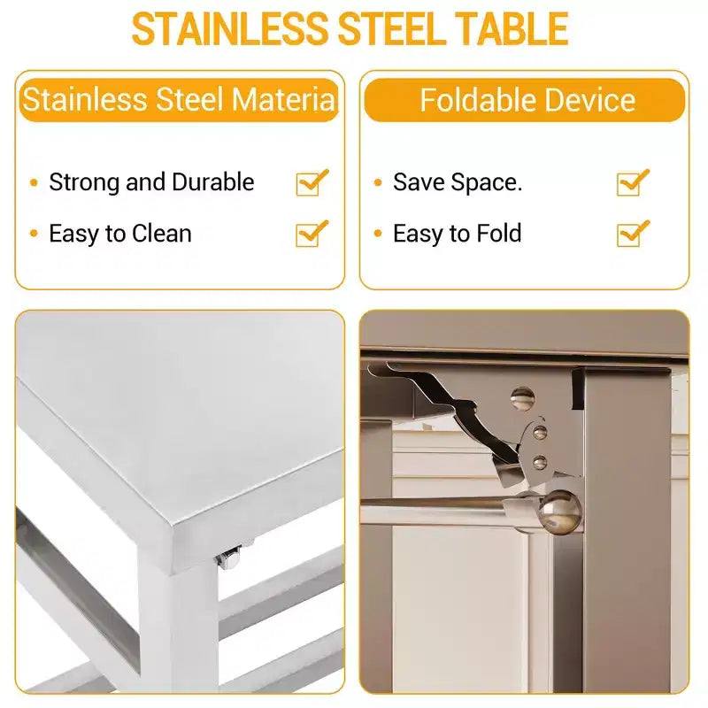 Mesa de Trabajo de Acero Inoxidable para Cocina Comercial - Mesa Plegable para Preparación con Estante Ajustable, Banco de Trabajo de Metal Grado Alimenticio para Restaurante, Hogar