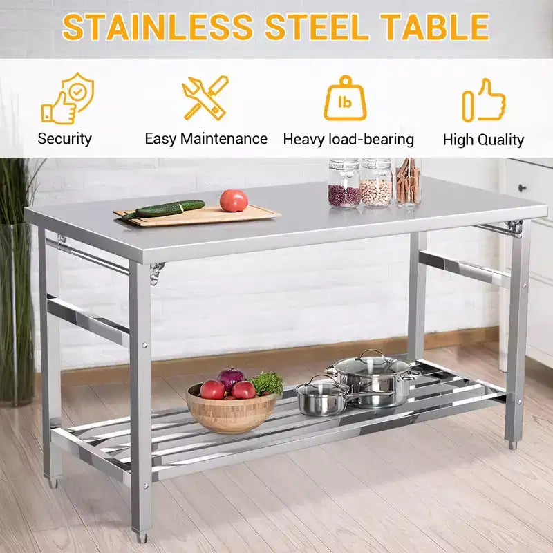Mesa de Trabajo de Acero Inoxidable para Cocina Comercial - Mesa Plegable para Preparación con Estante Ajustable, Banco de Trabajo de Metal Grado Alimenticio para Restaurante, Hogar