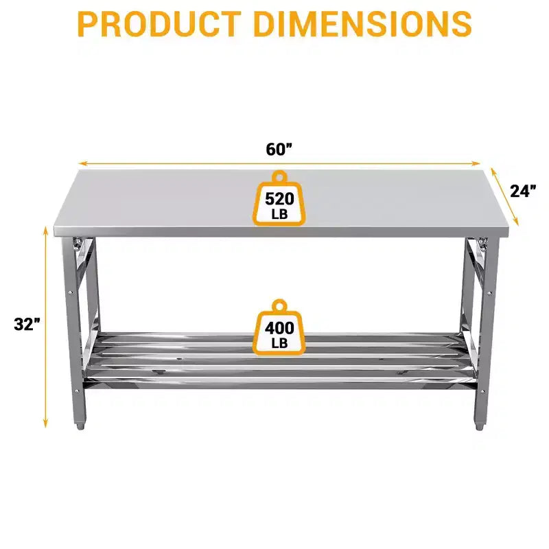 Mesa de Trabajo de Acero Inoxidable para Cocina Comercial - Mesa Plegable para Preparación con Estante Ajustable, Banco de Trabajo de Metal Grado Alimenticio para Restaurante, Hogar