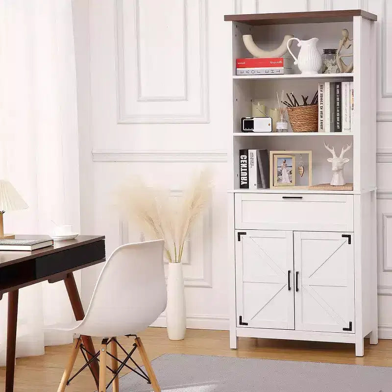 COZONY Estantería alta de 72 pulgadas de estilo rústico con 6 niveles y puertas, armario y cajón. Librero de madera con estante ajustable para sala de estar, cocina y dormitorio.