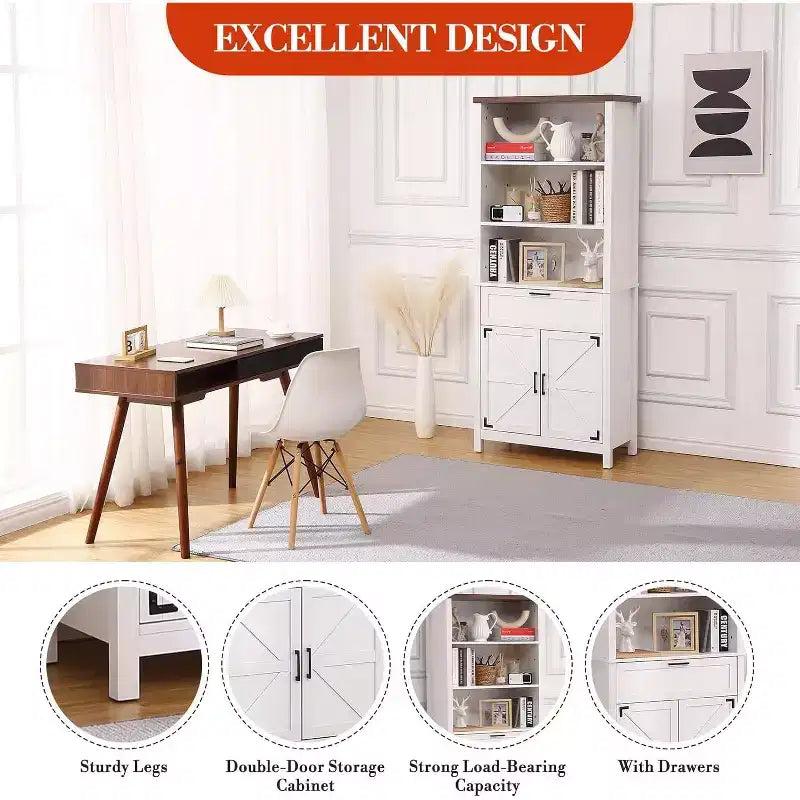 COZONY Estantería alta de 72 pulgadas de estilo rústico con 6 niveles y puertas, armario y cajón. Librero de madera con estante ajustable para sala de estar, cocina y dormitorio.