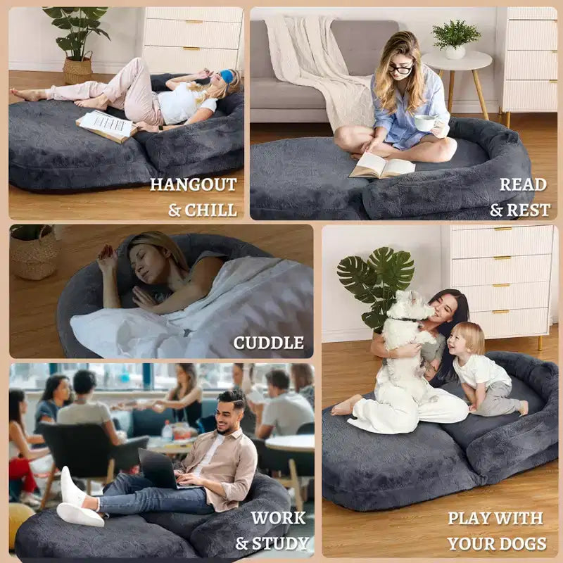 Cama de perro de tamaño humano para personas adultas, cama de perro plegable para humanos, cama de perro gigante de 180x109x25 cm con funda extraíble, cama para siestas de piel sintética lavable
