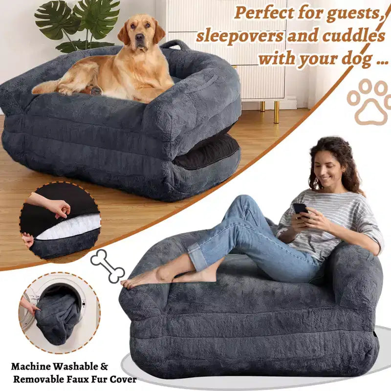 Cama de perro de tamaño humano para personas adultas, cama de perro plegable para humanos, cama de perro gigante de 180x109x25 cm con funda extraíble, cama para siestas de piel sintética lavable