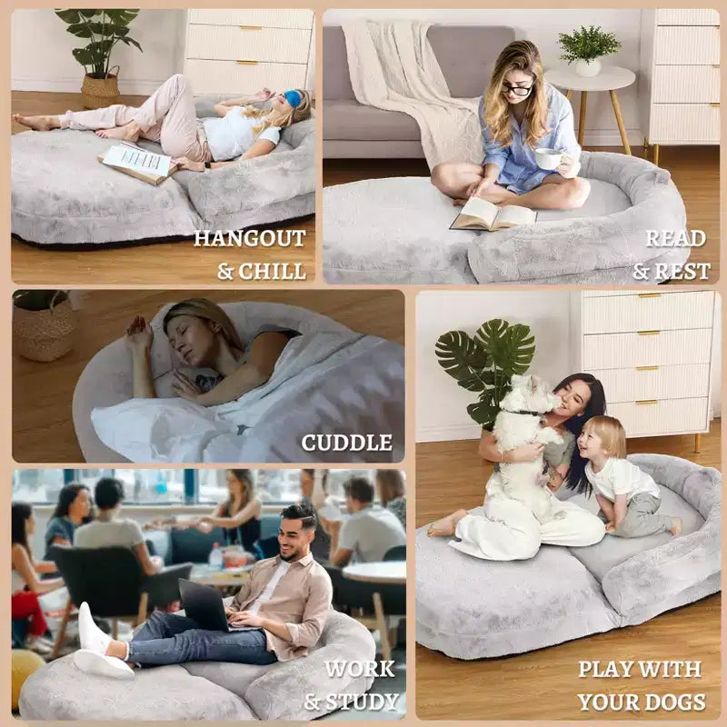 Cama de perro de tamaño humano para personas adultas, cama de perro plegable para humanos, cama de perro gigante de 180x109x25 cm con funda extraíble, cama para siestas de piel sintética lavable