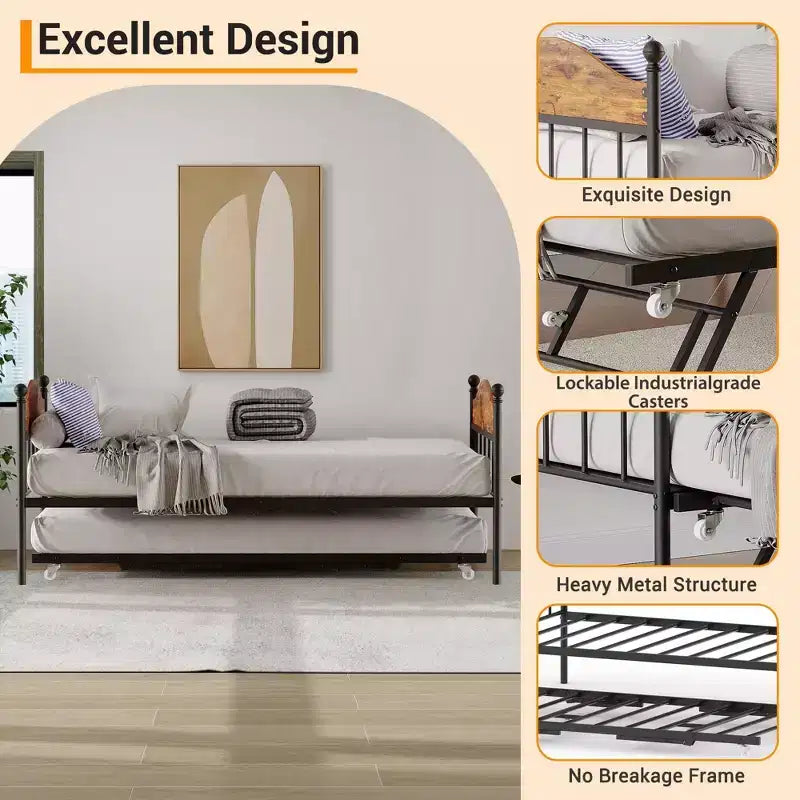 Diván con cama nido, cama de día de metal tamaño doble, armazón de sofá cama con cama nido plegable, plataforma de láminas de acero de alta resistencia para sala de estar, dormitorio