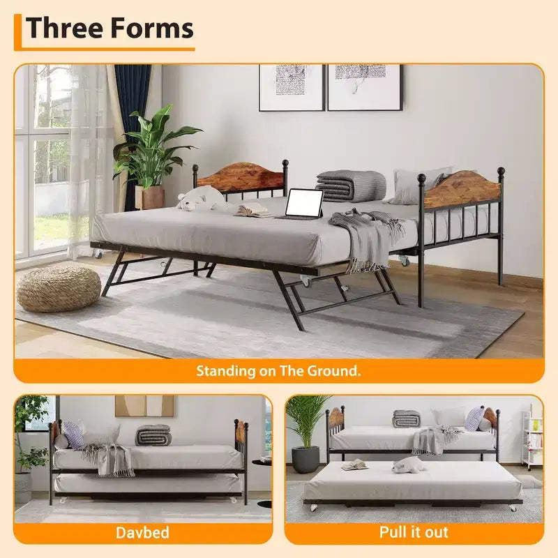 Diván con cama nido, cama de día de metal tamaño doble, armazón de sofá cama con cama nido plegable, plataforma de láminas de acero de alta resistencia para sala de estar, dormitorio