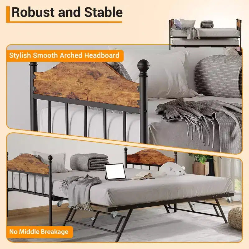 Diván con cama nido, cama de día de metal tamaño doble, armazón de sofá cama con cama nido plegable, plataforma de láminas de acero de alta resistencia para sala de estar, dormitorio