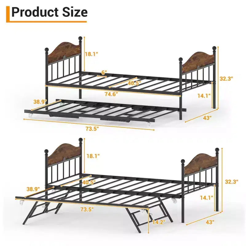 Diván con cama nido, cama de día de metal tamaño doble, armazón de sofá cama con cama nido plegable, plataforma de láminas de acero de alta resistencia para sala de estar, dormitorio