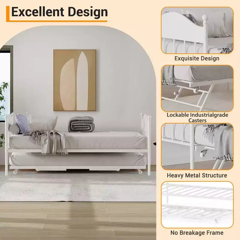 Diván con cama nido, cama de día de metal tamaño doble, armazón de sofá cama con cama nido plegable, plataforma de láminas de acero de alta resistencia para sala de estar, dormitorio