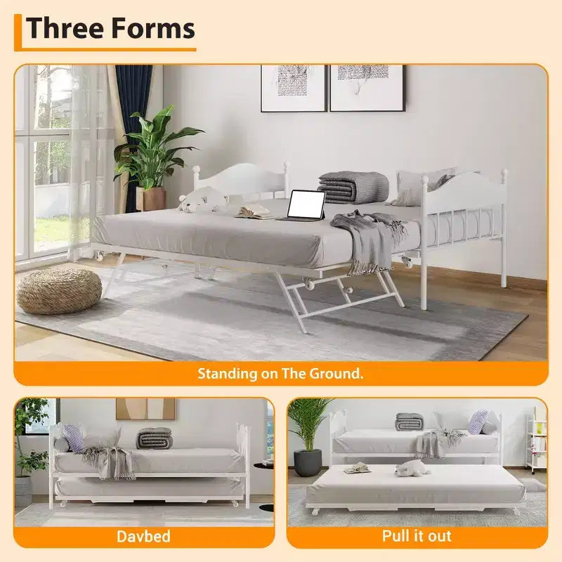 Diván con cama nido, cama de día de metal tamaño doble, armazón de sofá cama con cama nido plegable, plataforma de láminas de acero de alta resistencia para sala de estar, dormitorio