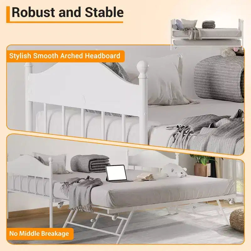Diván con cama nido, cama de día de metal tamaño doble, armazón de sofá cama con cama nido plegable, plataforma de láminas de acero de alta resistencia para sala de estar, dormitorio