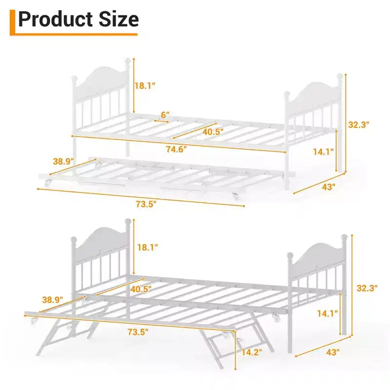 Diván con cama nido, cama de día de metal tamaño doble, armazón de sofá cama con cama nido plegable, plataforma de láminas de acero de alta resistencia para sala de estar, dormitorio