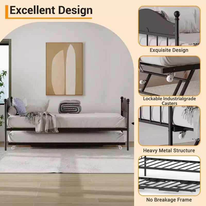 Diván con cama nido, cama de día de metal tamaño doble, armazón de sofá cama con cama nido plegable, plataforma de láminas de acero de alta resistencia para sala de estar, dormitorio