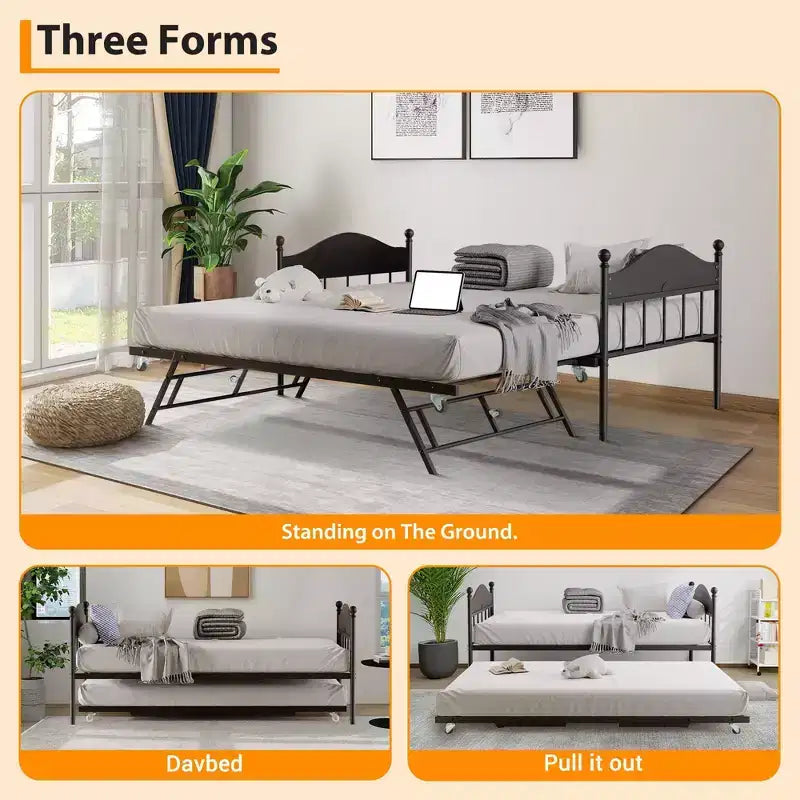 Diván con cama nido, cama de día de metal tamaño doble, armazón de sofá cama con cama nido plegable, plataforma de láminas de acero de alta resistencia para sala de estar, dormitorio