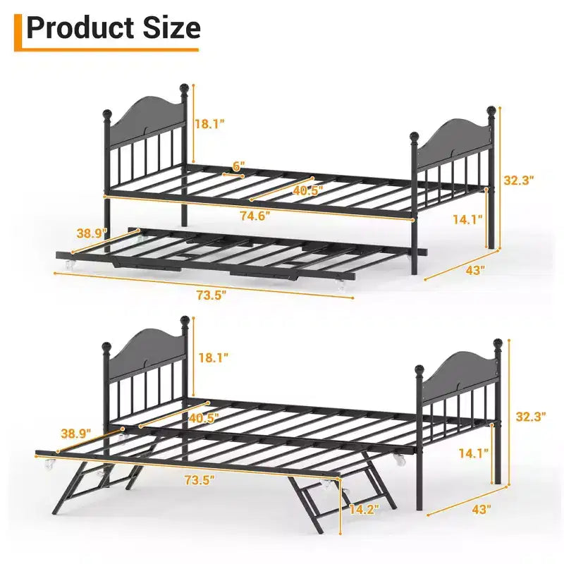 Diván con cama nido, cama de día de metal tamaño doble, armazón de sofá cama con cama nido plegable, plataforma de láminas de acero de alta resistencia para sala de estar, dormitorio
