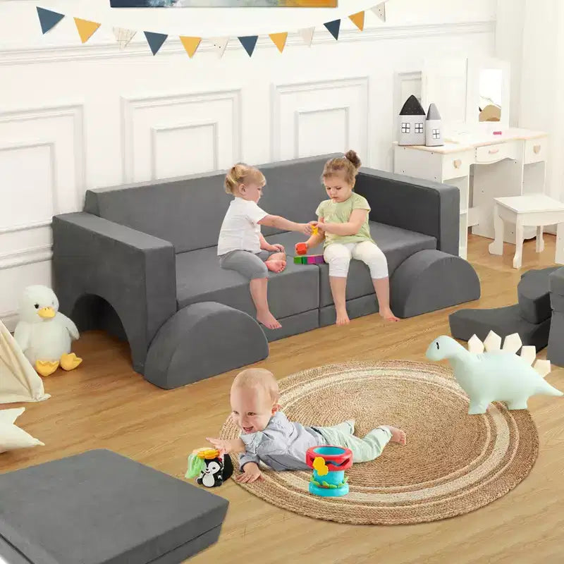 Sofá de juegos para niños, sofá modular de 8 piezas para niños pequeños para sala de juegos o guardería, sofá convertible para niños con funda extraíble, gris oscuro