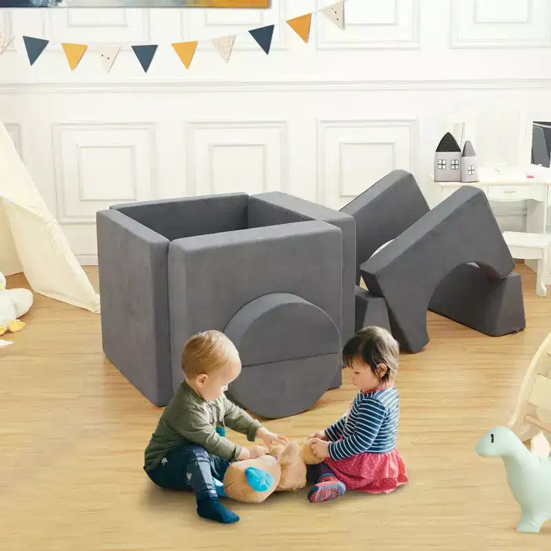 Sofá de juegos para niños, sofá modular de 8 piezas para niños pequeños para sala de juegos o guardería, sofá convertible para niños con funda extraíble, gris oscuro