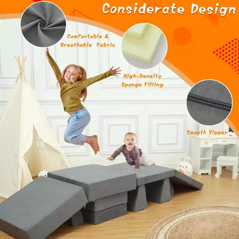 Sofá de juegos para niños, sofá modular de 8 piezas para niños pequeños para sala de juegos o guardería, sofá convertible para niños con funda extraíble, gris oscuro