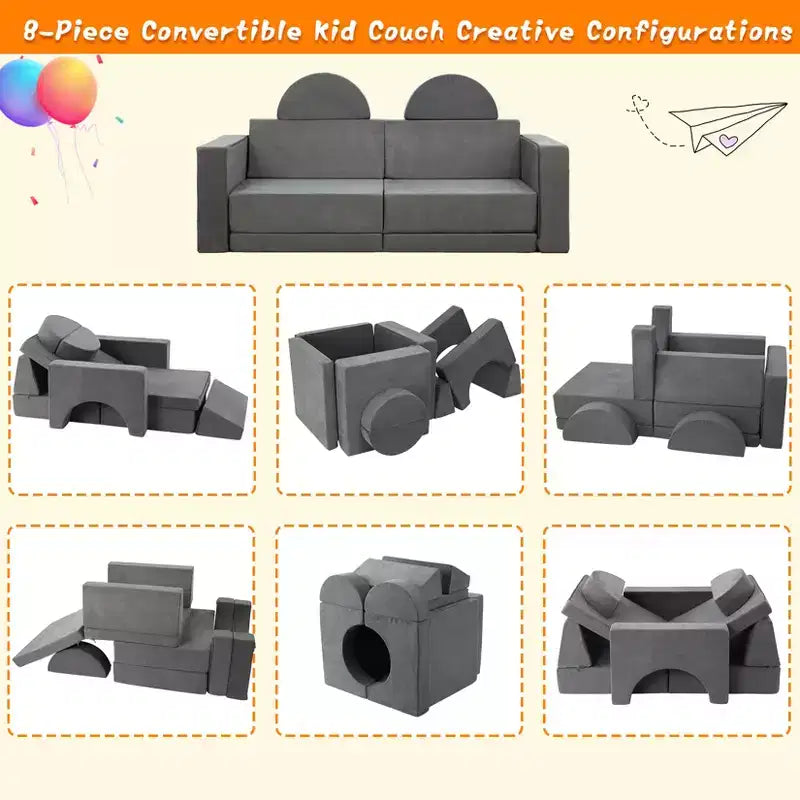 Sofá de juegos para niños, sofá modular de 8 piezas para niños pequeños para sala de juegos o guardería, sofá convertible para niños con funda extraíble, gris oscuro