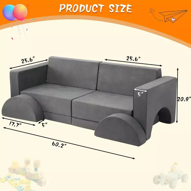 Sofá de juegos para niños, sofá modular de 8 piezas para niños pequeños para sala de juegos o guardería, sofá convertible para niños con funda extraíble, gris oscuro