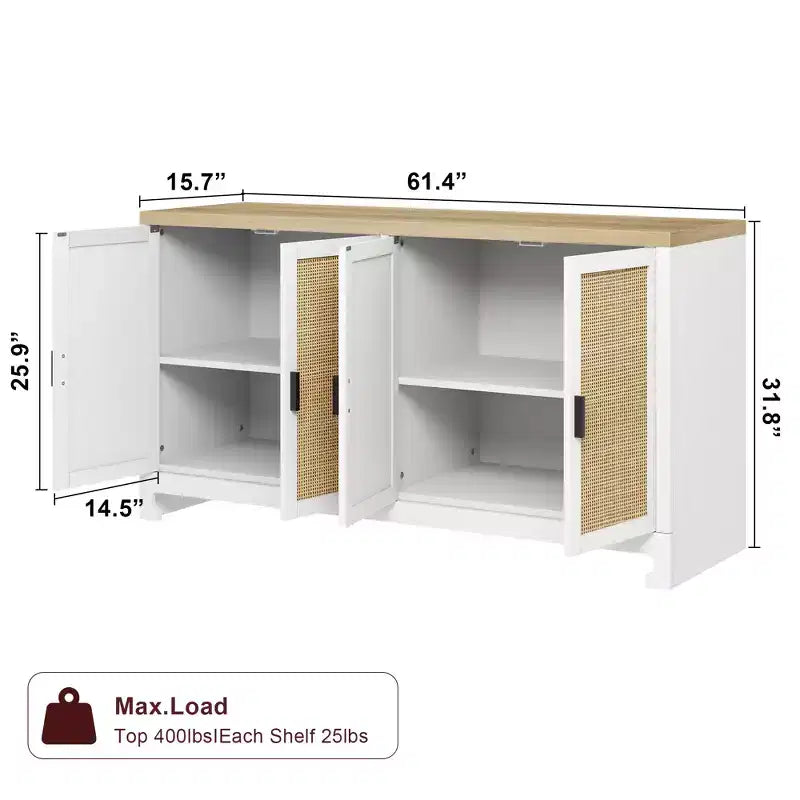 Armario moderno de ratán con 4 puertas tejidas y estante ajustable - Mesa consola y barra de café para cocina, comedor y sala de estar, gabinete decorativo
