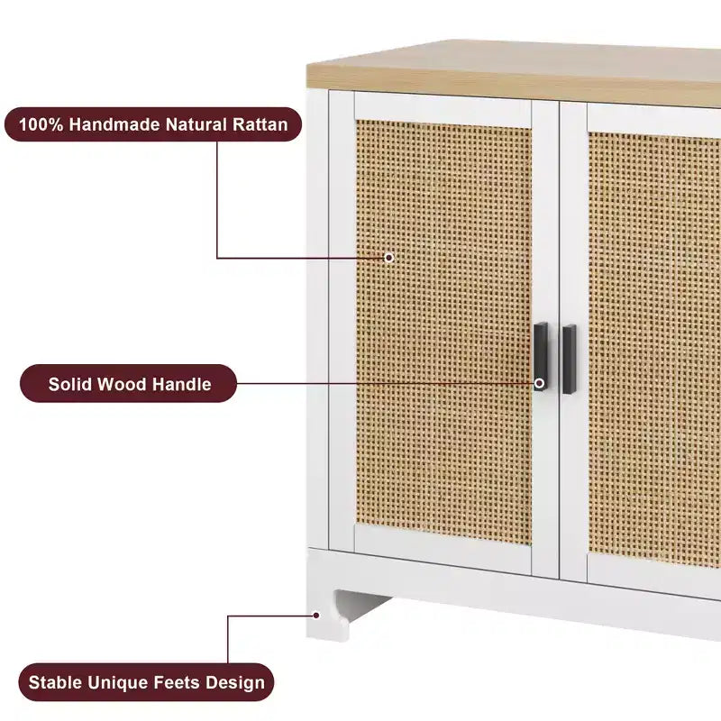 Armario moderno de ratán con 4 puertas tejidas y estante ajustable - Mesa consola y barra de café para cocina, comedor y sala de estar, gabinete decorativo