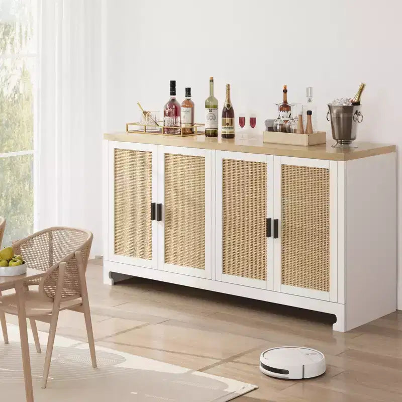 Armario moderno de ratán con 4 puertas tejidas y estante ajustable - Mesa consola y barra de café para cocina, comedor y sala de estar, gabinete decorativo